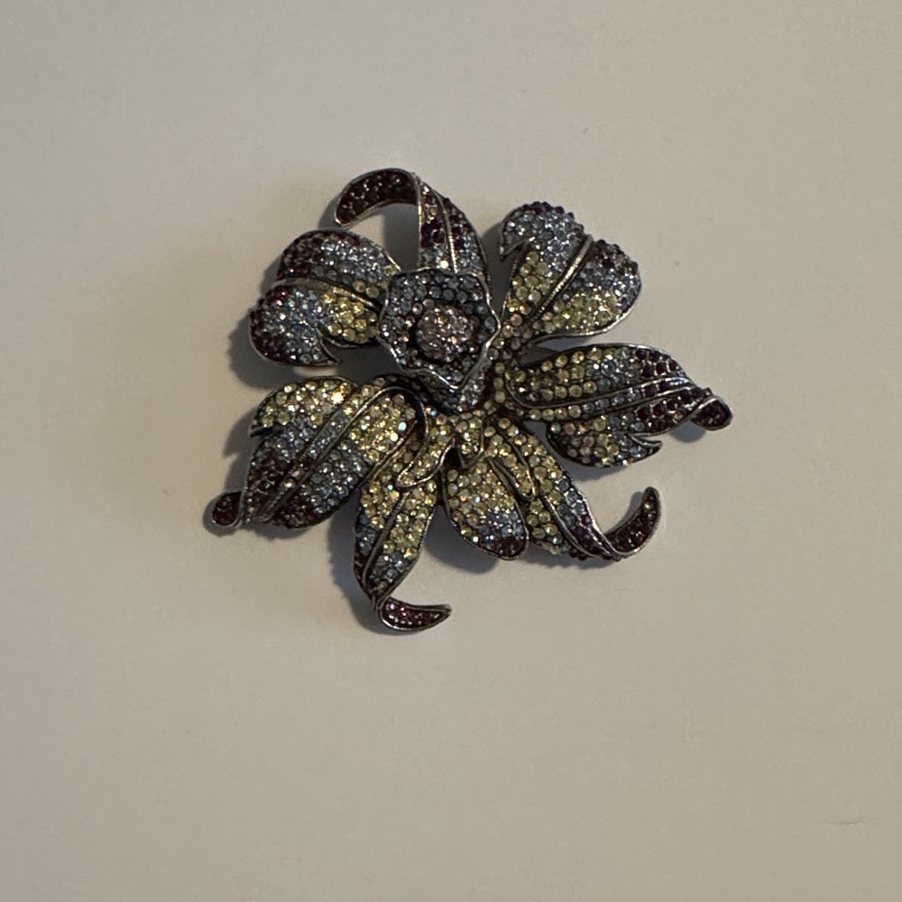 Elegant Silver and Red Floral Brooch